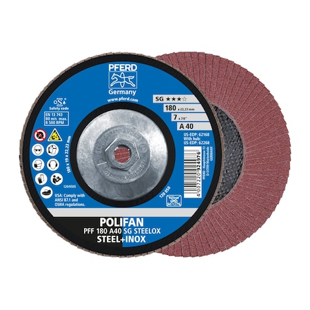 Pferd 7" x 5/8-11 Thd. POLIFAN Flap Disc - A SG STEELOX, Aluminum oxide, 40 Grit, Conical 62268